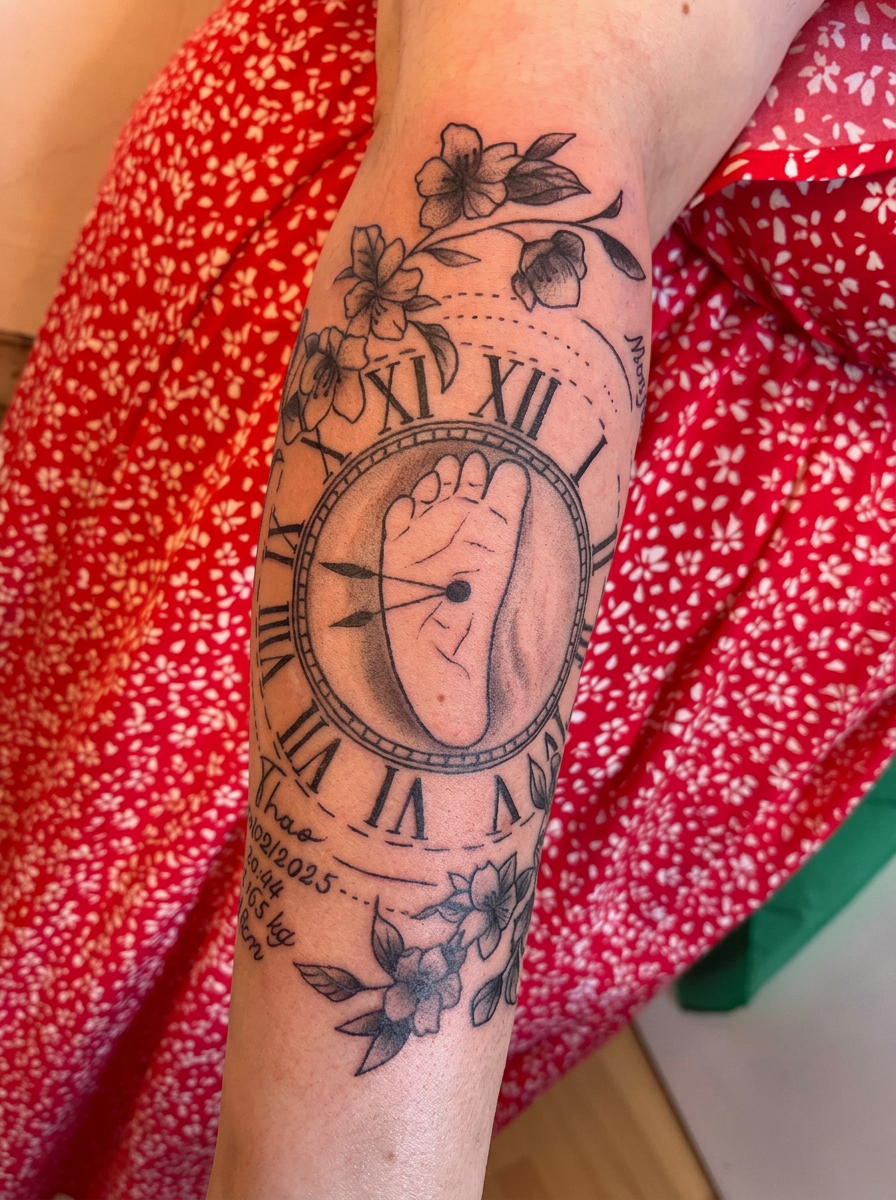Tatuagem fine line de relógio com pé de bebê e flores no antebraço